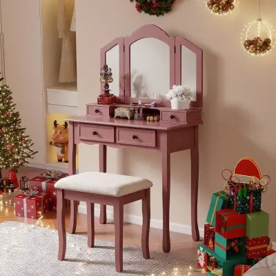 Sanlo Wooden Vanity Make Up Table and Stool Set, Rose Gold