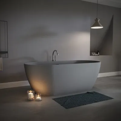 63" Luxury Solid Surface Bathtub, Stone Resin Freestanding Soaking Bathtub with Overflow and Pop-up Drain for Contemporary Bathroom, Matte Grey TH-25S03-63MG