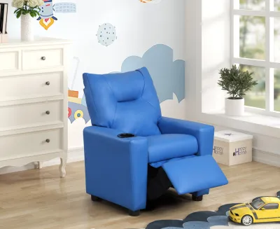 Evelyne 23"W Blue PU Leather Kids Recliner Chair with Cupholder