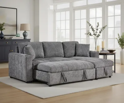 Noemi II 96" Gray Boucle Fabric Reversible Sleeper Sectional Sofa with Storage Chaise, Cupholders, USB Charging Port, and Throw Pillows