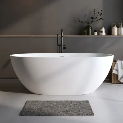 59'' Solid Surface Matte Tub, Solid Surface Soaking Tub, Stone Resin Freestanding Bathtub, Thick Edge Stand Alone Tubs with Overflow, Pop-up Drain, Matte White (Oval)/2130230
