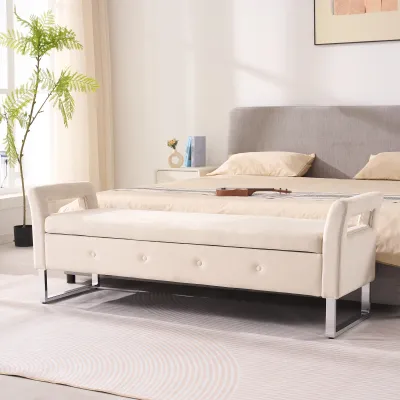 67.91"Wide Velvet Storage Soft Bench with Armrests  for Living Room, Entryway and Bedroom.  Beige