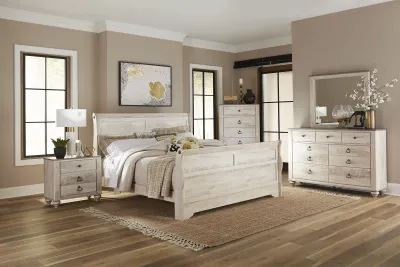 Imerland Contemporary White Wash Finish Bedroom Set with King Sleigh Bed, Dresser, Mirror, Two Nightstands, Chest