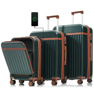 Luggage Set of 3, 20inch with USB Port, front opening design Airline Certified Carry on Luggage, ABS Hard Shell Luggage with Spinner Wheels,Dark Green
