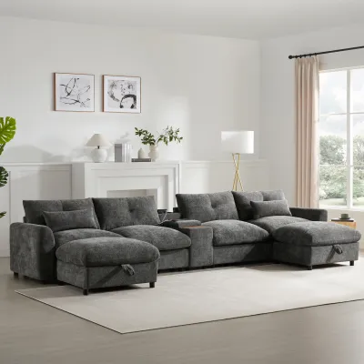 [VIDEO]136'' Modular Sectional Sofa with Console, Cup Holder, USB Charger, Movable Storage Ottoman, Pull-line&Tufted Design, U-Shaped Oversized Chenille Sofa for Living Room&Apartment,2 Colors