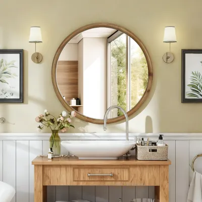 Round Wood Framed Wall Mirror, 23.62" Natural Wooden Circle Mirror for Bathroom, Bedroom, Entryway, Mid-Century Modern Decorative Mirror