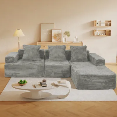 Compression Sectional Couch with Comfy Chaise, Boneless L Shape Sofa with Deep Seat, Minimalist Modular Couches Sleeper for Living Room Bedroom Apartment Lounge,corduroy Grey (102.4x66.9x24.8inch)