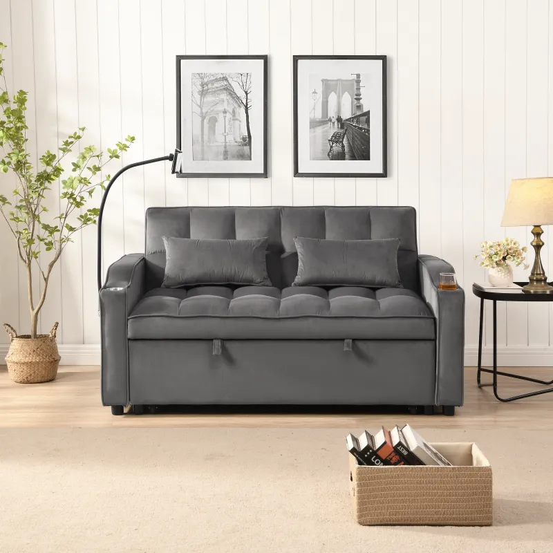 Modern Velvet Loveseat Futon Sofa Couch w/Pullout Bed,Small Love Seat Lounge Sofa with adjustable Reclining Backrest,Toss Pillows, Pockets,Furniture for Living Room,3 in 1 Convertible Sleeper Sofa Bed