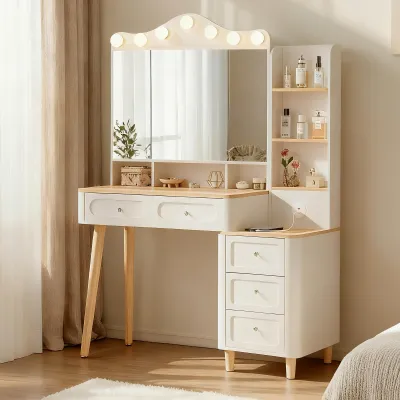 Vanity Desk with Mirror and Lights,Makeup Vanity with 2 USB Power Strip,Vanity Set with Two Drawers and Three-drawer Chest, 3 Lighting Modes Adjustable Brightness, Foldable Three-sided Mirror(White)