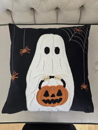 Halloween Ghost with Pumpkin Bucket Throw Pillow