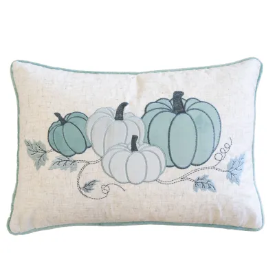 Embroidered Pumpkin Lumbar Throw Pillow – Misty Blue Fall Accent Cushion
