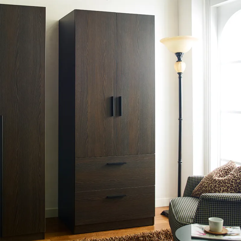 Brook Two-Door Wood Closet with Two Drawers and Hanging Bars in Dark Brown