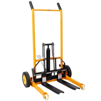Manual Forklift Pallet Stakcer, Load  Capacity 440 Lbs, Hydraulic Material Lift 35.5" Lift Height with Adjustable Forks and Fixed Legs Pallet Truck Dolly Stacker,4PCS Wheels. Yellow Color