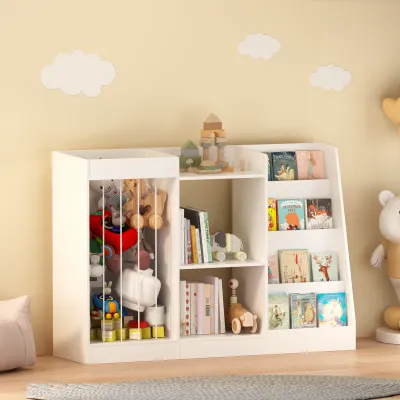 3-in-1 Kids Bookshelf and Toy Storage, 4-Tier Book Shelf for Kids Rooms, Sling Baby Bookcase with Stuffed Animal Storage, Toddler Montessori Bookshelf for Nursery, Playroom, Kindergarten, White