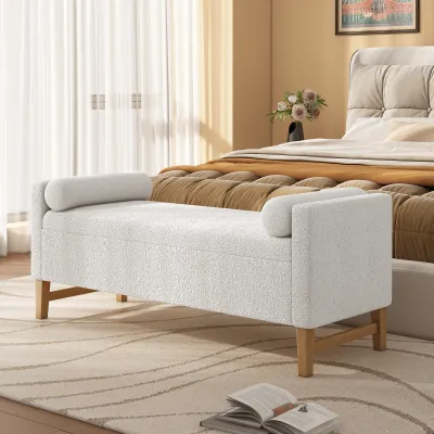 Upholstered Storage Ottoman, Wooden Legs, Ivory, Boucle