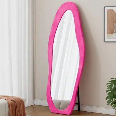 Full Length Mirror, 63" x 24" Floor Mirror/ Wall Mirror, Flannel Wrapped Wooden Frame Floor Mirror, Irregular Wavy Mirror Standing/Halling Large Wall Mirror for Bedroom,Living Room, Dressing Room Pink