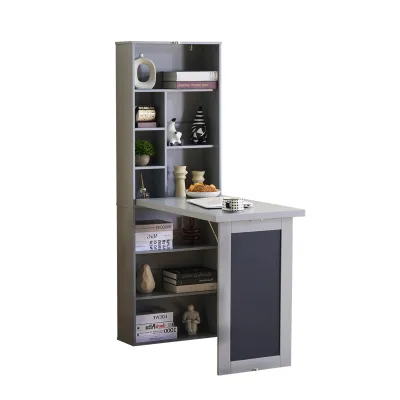 Fold-out Convertible Writing Desk, Wall Mount Table Cabinet with Blackboard and Storage Shelves, Space-Saving Murphy Desk for Home Office Living Room Bedroom(Grey)