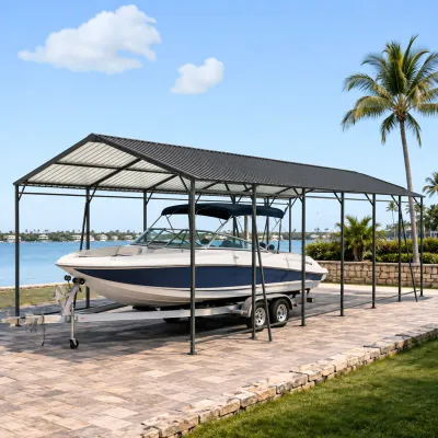 12*32 FT Carport, Heavy Duty Carport with Galvanized Steel Roof and Frame, Metal Carport Large Garage with 4 Fixed inclined square tube supports(W540S00065)