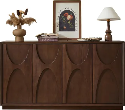 4 Door Accent Cabinet with Solid Wood Carved Doors, Adjustable Shelves, Push to Open Storage Cabinet with Cable Management, Ash Veneer Sideboard for Living Room,