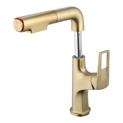 Brushed Gold Pull-Down Vessel Faucet - Single Hole Bathroom Sink Faucet with Lift Spout & Dual Spray Modes