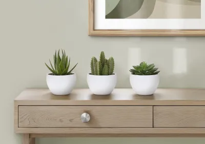 Artificial Plant, 6" Tall, Succulent, Indoor, Faux, Fake, Table, Greenery, Potted, Set Of 3, Decorative, Green Plants, White Pots