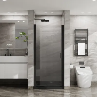 Goodyo 34"x72" Pivot Shower Door, 1/4 inch Thick Tempered Glass Swing Shower Door in Black Finish, Semi-Frameless Design