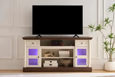 Farmhouse Fireplace TV Stand with Roman Column Styling, Up to 80-inch TV, 70-inch Modern Tall Entertainment Center with LED Lights, Living Room Media Console