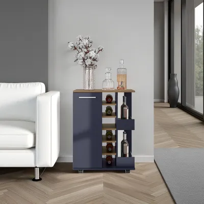Bar Cart, Two External Shelves, Four Casters, Six Built-In Wine Rack, Single Door Cabinet