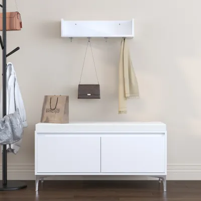 Wall-Mounted Entryway Shelf with Hooks and Storage Bench Set, Modern White Shoe Cabinet with Cushion and Closed Storage for Hallway, Bedroom, or Mudroom