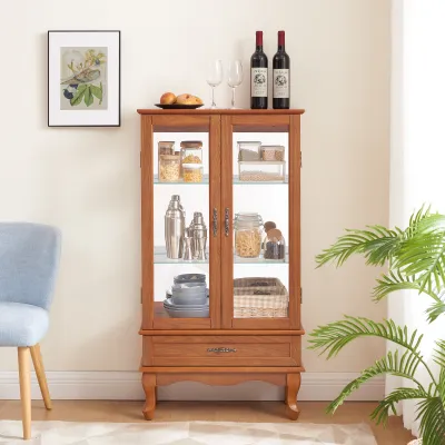 Lighted Glass Cabinet Glass Wine Cabinet Curio Display Cabinet with Adjustable Glass Shelves 2 Doors and 1 drawer Cabinet Bulb Included OAK