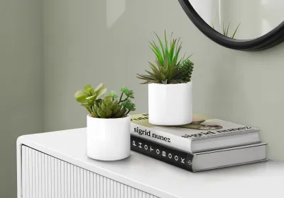 Artificial Plant, 7" Tall, Succulent, Indoor, Faux, Fake, Table, Greenery, Potted, Set Of 2, Decorative, Green Plants, White Ceramic Pots