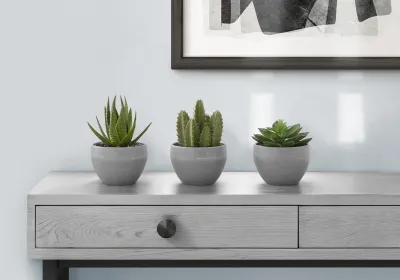 Artificial Plant, 6" Tall, Succulent, Indoor, Faux, Fake, Table, Greenery, Potted, Set Of 3, Decorative, Green Plants, Grey Cement Pots