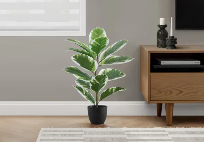 Artificial Plant, 27" Tall, Rubber, Indoor, Faux, Fake, Table, Greenery, Potted, Real Touch, Decorative, Green Leaves, Black Pot