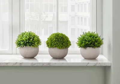 Artificial Plant, 5" Tall, Grass, Indoor, Faux, Fake, Table, Greenery, Potted, Set Of 3, Decorative, Green Plants, Grey Pots