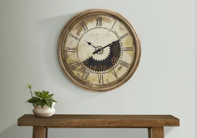 Clocks, 30" Round, Gear Mechanism, Large Oversized, Wall Clock, Antique Gold, Transitional