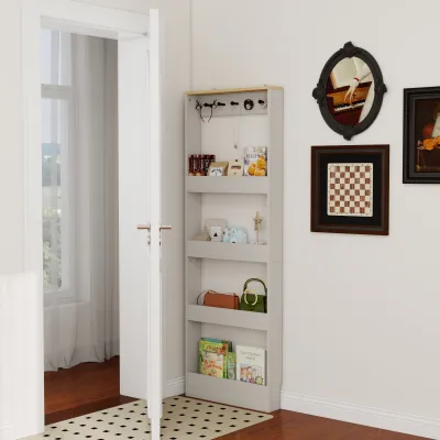 Behind The Door 69" Tall Bookcase with 4 Shelves and 5 hooks,  Space-Saving Narrow storage cabinet for Living Room, Children's Room, Study Room, Kitchen, Corridor-Antique White