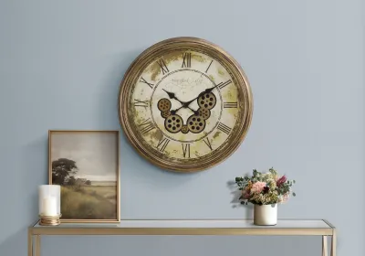 Clocks, 23" Round, Gear Mechanism, Wall Clock, Antique Brown, Transitional