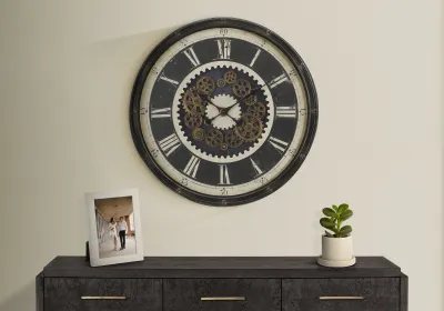 Clocks, 30" Round, Gear Mechanism, Large Oversized, Wall Clock, Brown, Transitional