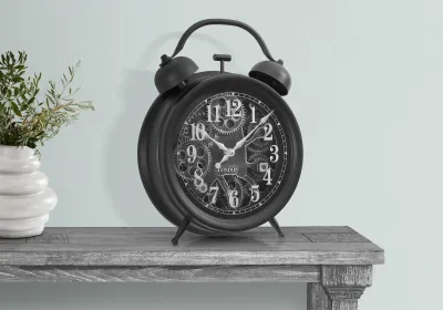 Clocks, 12" Round, Gear Mechanism, Table Clock, Black, Transitional