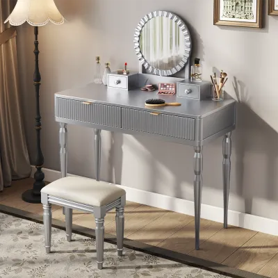 Luxury Vanity Desk with Round Mirror,Height-Adjustable, Stylish Dressing Table Set, 4 Drawers & Stool, Silver