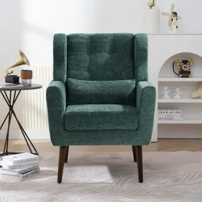 Modern Accent Chair,Chenille Arm Chairs for Living Room,Upholstered Mordern Armchair,Comfy Soft Padded Lounge Chair in Small Space, Bedroom, w/Pillow, Solid Wood Leg (Blackish Green)