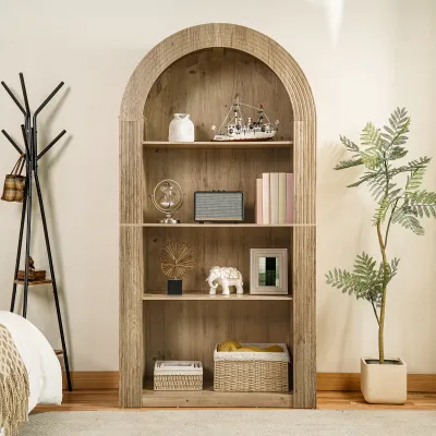 78.74" Tall Arched Bookcase,  Mid Century Modern 4-Tier Arched Storage Bookcase with Open Display Storage Shelf for Dining Room, Living Room,Bedroom (Natural)