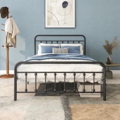 Metal Platform Bed Frame, Victorian Style Headboard/Footboard/Under Bed Storage/No Box Spring Needed/Full Size Black