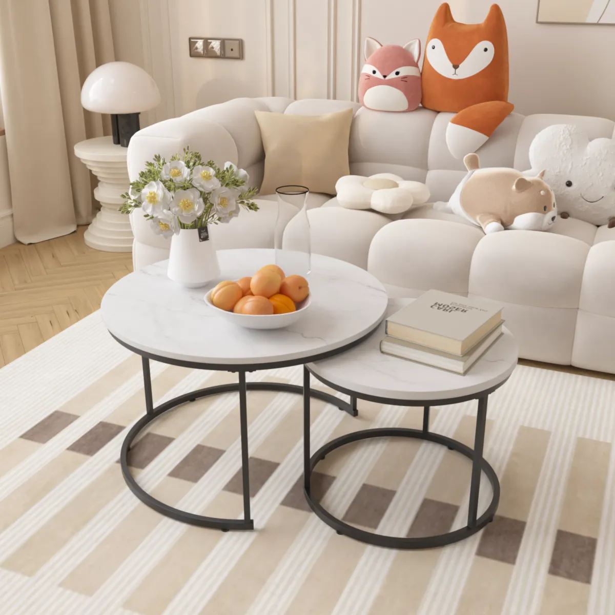 27.6" Nesting Coffee Table Set of 2, Round Coffee Table Wood Marble Pattern Top with Sturdy Metal Frame, End Table Side Tables for Living Room Bedroom Balcony Yard (White)