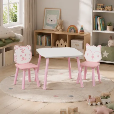 Kids Table and Chair Set, 3-Piece Wooden Toddler Desk with Animal Backrest, Activity Table for Drawing, Learning,Playroom or Nursery(Pink&White)