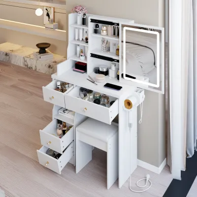 29.2" Small Size Left Drawer Desktop Vanity Table + Cushioned Stool, 2 AC+2 USB Power Station, Hair dryer bracket, Extra Large Touch Control Sliding LED Mirror, Tri-color Switching, Brightness Adjust