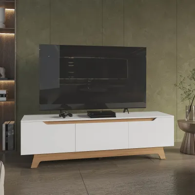 Woodall Tv Stand, Two Doors Modern Entertainment Center, Open Shelves And Cable Management, White/ Natural Oak