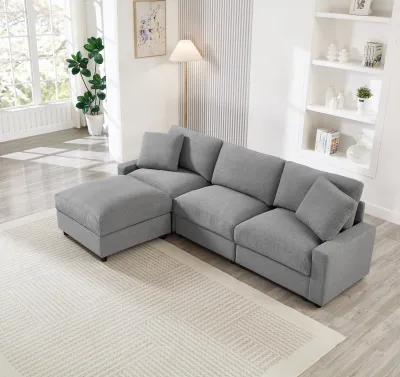103 Inch L-Shaped 3-Seat Modular Cloud Sofa Sectional with Ottoman & Storage, Polyester, Grey – Living Room