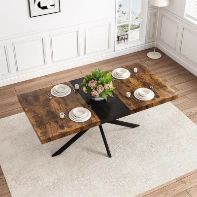 55.11" -70.86"Retro Rectangular Stretch Dining Table, Antique Wood Top And Black Relief Plate, Black Fine Sand Cross Iron Foot Base Dining Table, With Storage Box.