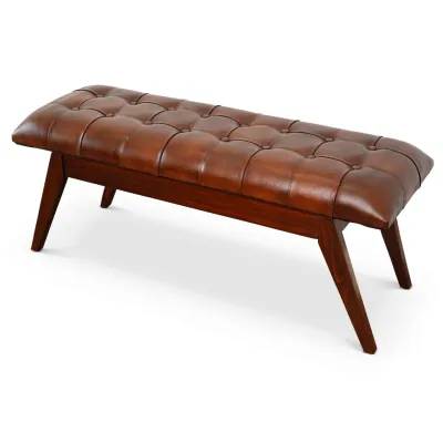Maja Mid Century Modern Tan Leather Bench with Solid Wood Frame and Tapered Legs 17.7"H x 47.2"W x 15.7"D for Living Room Bedroom Waiting Room